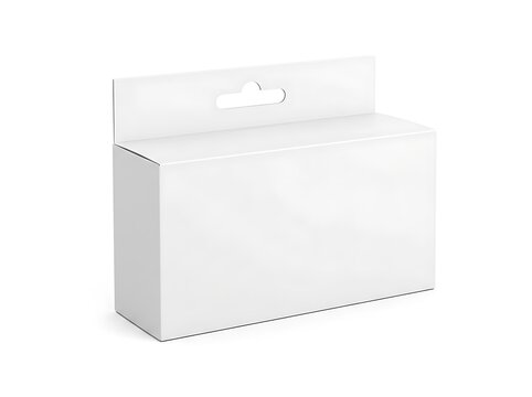 Blank white cardboard box packaging with hang tab isolated on white background