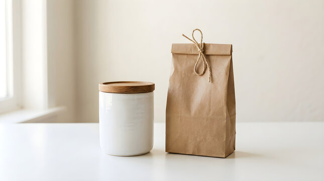 White ceramic jar with a wooden lid next to a brown paper bag tied with string