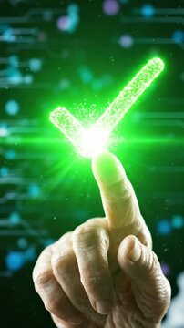 A mesmerizing visual journey showcasing vibrant, glowing particles culminating in a triumphant green checkmark symbolizing completion or success achieved through creativity.