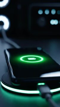 A sleek smartphone charging wirelessly on a stylish pad, illuminated with vibrant green lights, showcasing modern technology's integration into daily life.