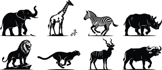 Black and White African Wildlife Silhouette Collection Featuring Elephant, Giraffe, Zebra, Lion, Rhino, Buffalo, and Antelope © MdAsraful
