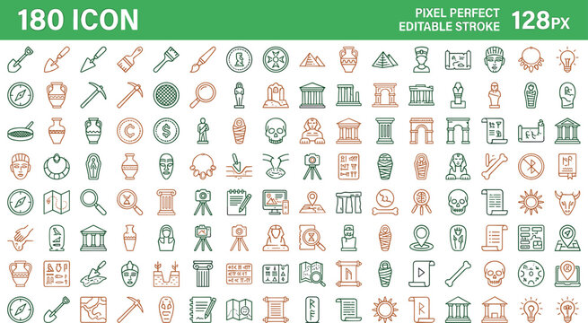 Archaeology and ancient history line icons set with excavation tools egyptian pyramids and museum artifacts vector design symbols