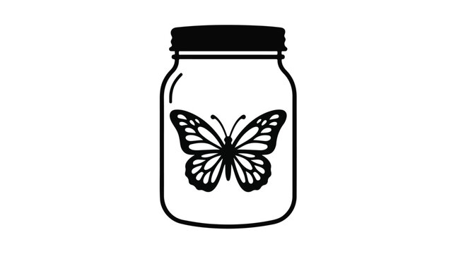Butterfly caught inside a glass mason jar vector outline illustration
