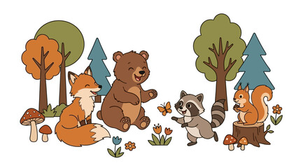 Fototapeta premium Adorable Woodland Creatures Collective Gathering in Vibrant Cheerful Playful Flat Vector Illustration Design Featuring Charming Forest Fauna Animals in Natural Habitat Setting Background Concept