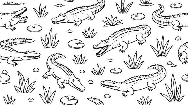 Detailed black and white crocodile pattern illustration.