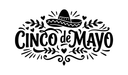 Obraz premium Decorative Cinco de Mayo Typography Badge with Sombrero, Leaves and Celebration Ornament Vector Design