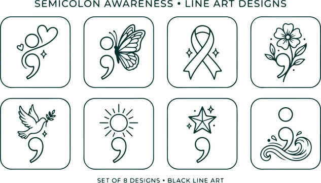 Set of semicolon awareness line art designs featuring symbols of hope, resilience, and mental health support with natural elements.
