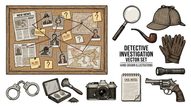 Professional detective investigation kit featuring forensic evidence board, magnifying glass, handcuffs, flashlight, and secret files isolated on a clean white background vector illustration