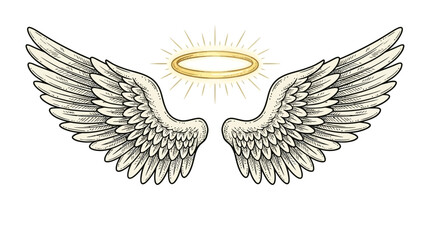 Naklejka premium Beautiful celestial cartoon angel wings paired with a radiant golden halo vector illustration symbolizing divine peace, holiness, and spiritual grace for creative religious design assets.