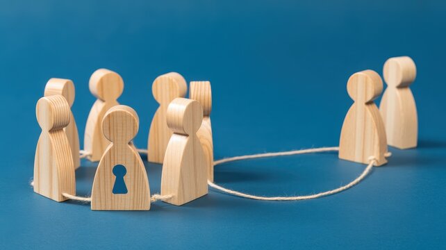 Wooden peg figures in a circle connected by string on blue background, concept of social networking and teamwork, wooden people icons for business community