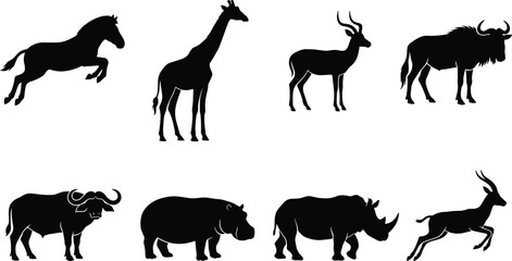 Wild Animal Silhouette Vector Set Featuring Horse, Giraffe, Rhino, Buffalo and African Mammals © Its Butterfly