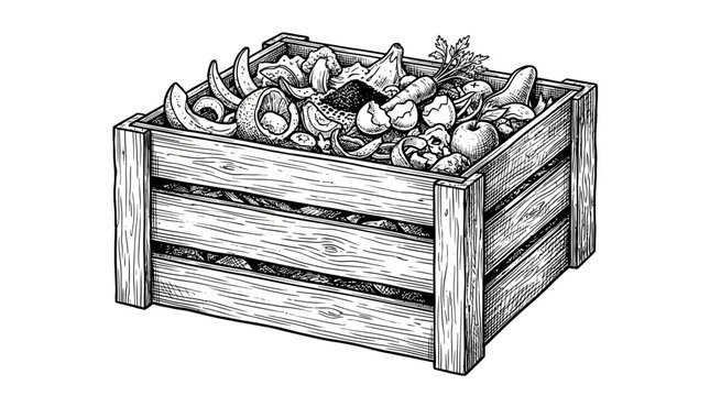 Sustainable gardening practice showcasing a wooden composting bin filled with organic fertilizer and recycled kitchen waste in a lush green backyard ecosystem for environmental care.