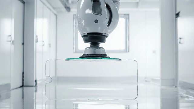 Robotic arm equipped with suction cup lifts transparent smartphone screen in a bright, sterile environment with white walls and polished floor