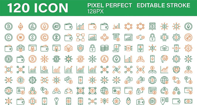 Cryptocurrency line icons set with bitcoin blockchain wallet and finance analytics vectors for digital crypto mining currency business web design