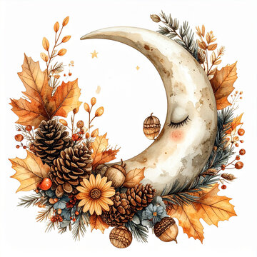 Cute sleeping moon crescent surrounded by autumn floral wreath pinecones sunflowers dried leaves berries stars watercolor painting harvest fall season magical cozy rustic decor