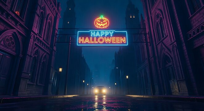 Happy halloween nighttime cityscape with neon sign and jack o lantern