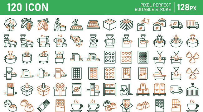 Chocolate factory and cocoa production line icons set featuring harvesting processing manufacturing machinery packaging candy bars and logistics assets