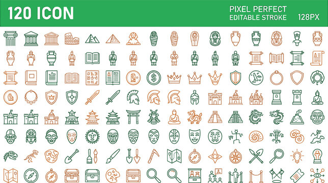 History and archeology line icons set featuring ancient civilizations architecture mythology culture museum artifacts and historical monuments assets