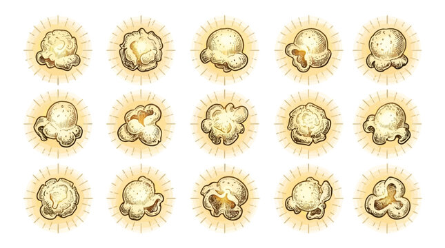 Collection of twelve freshly popped organic corn kernels emitting a soft golden glow against a clean white backdrop, highlighting crunchy texture and vibrant snack essence in high resolution.