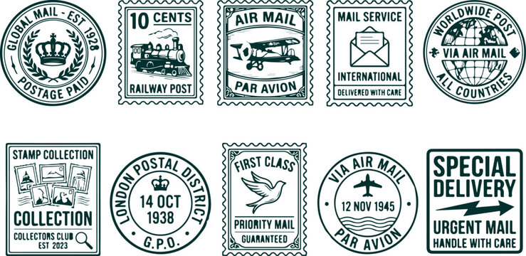 Collection of vintage postage stamps featuring diverse designs like trains planes envelopes globes and emblems for postal history.