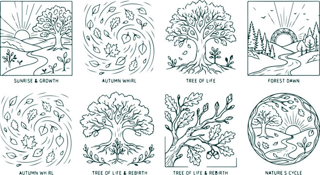 Nature inspired artwork featuring trees landscapes sunrises autumn leaves and cyclical themes of growth and rebirth.