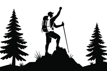 Fototapeta premium Hiker man with backpack standing on top of mountain with raised hand.