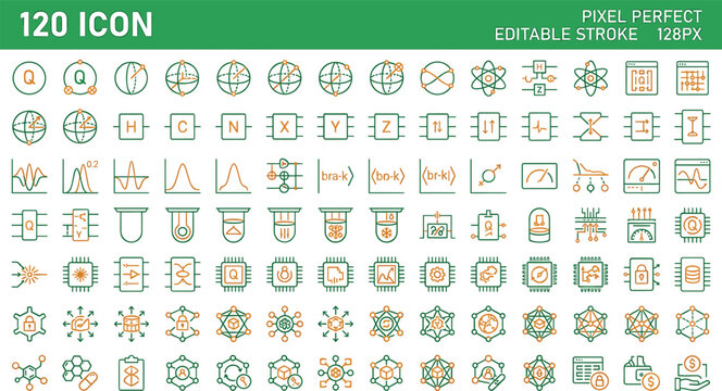 Quantum computing physics logic gates and microchip data network technology outline icons mega set featuring advanced physics vector elements bundle