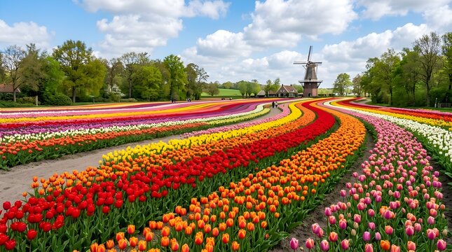 Vibrant tulip fields with a traditional windmill in the background on a sunny day