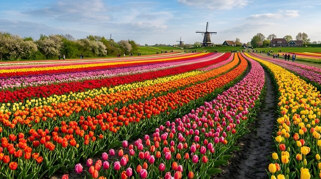 Vibrant tulip field with windmill in the background on a sunny day
