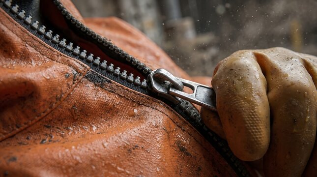A close-up of a dirty hand zipping up a worn leather jacket
