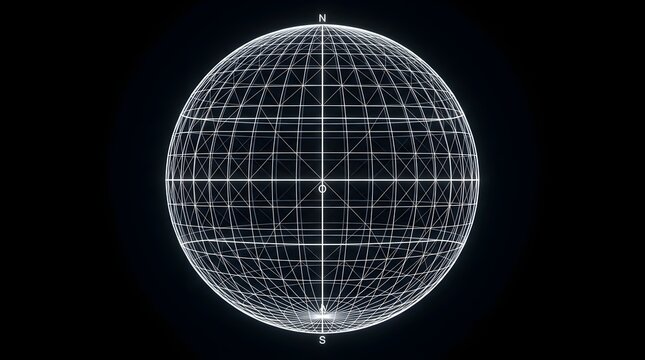 Wireframe globe with grid lines on black background