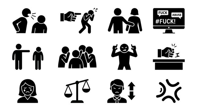 Professional Glyph Icon Set Depicting Workplace Harassment, Social Abuse, Bullying, and Inappropriate Conduct in Corporate Office Settings for Ethical Training, Sensitivity Awareness, and HR Policy.