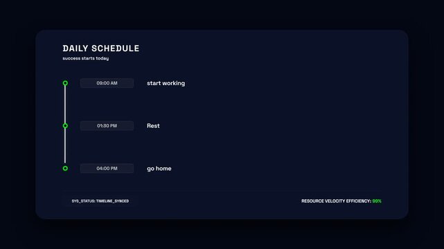Animated daily schedule interface, modern timeline with green markers and white text on dark blue background, changing efficiency percentages, symbolizing productivity and time management