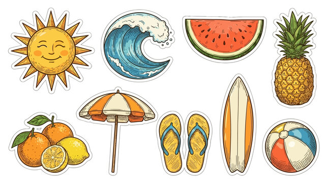 Vibrant collection of twenty summer vacation stickers featuring sun wave fruit and tropical beach icons isolated on white background for seasonal holiday design scrapbooking and travel projects