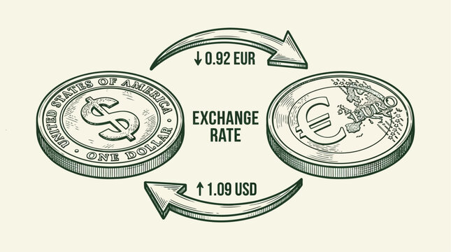 Isometric 3D gold dollar and silver euro coin featuring rising and falling arrow illustrating global currency exchange rate conversion and international financial market trade concept
