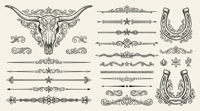 Vintage Western Ornamental Dividers and Borders with Longhorn Skull and Galloping Horses Flourishes for Antique Cowboy Graphic Design Elements Collection.