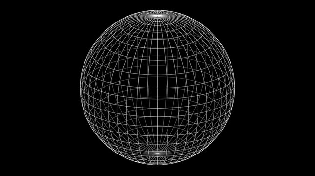 Wireframe globe with grid pattern on black background