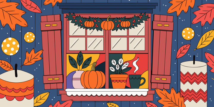 Cozy autumn window display with pumpkins candles fall decorations pumpkins decorations seasonal pleather porcelain concrete sheetrock wallpaper adhesive fiberglass