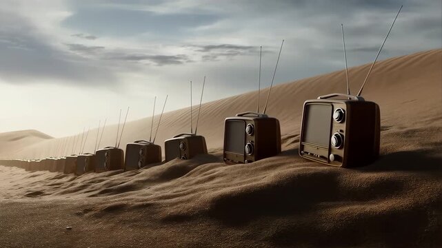 Vintage Radios Partially Buried in a Desert Landscape with Antennas Extending Upward Under a Cloudy Sky