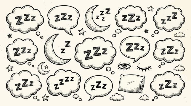 Collection of twelve vibrant cartoon sleep icons with letter Z in comic speech bubbles and puffy clouds isolated on white, highlighting snoring, dreaming, and deep slumber concept graphics.