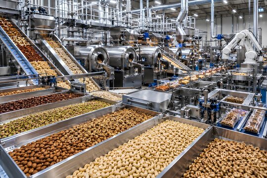 Advanced automated nut processing factory with robotic packaging systems, precision sorting conveyors and modern food manufacturing technology