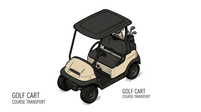 Isometric view of a beige and black golf cart vehicle for transporting player on green turf course, modern electric buggy design isolated on white background, professional sport equipment