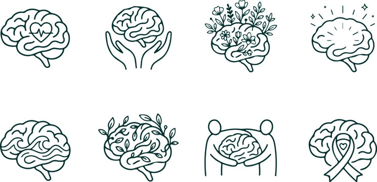 Collection of brain line art icons symbolizing mental health, psychology, and cognitive functions.