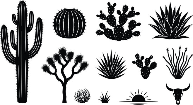 Desert Cactus Silhouette Vector Set with Saguaro Agave Joshua Tree Prickly Pear Bull Skull and Sunset Graphic Icons