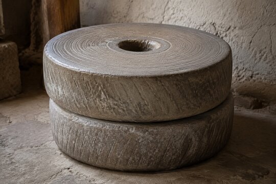 Two heavy stone grinding wheels stacked together with smooth textures from use.
