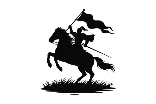 Medieval knight on horse with banner silhouette vector graphic design.