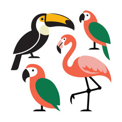 Fototapeta premium Colorful Tropical Zoo Birds Flat Vector Illustration Set - Toucan, Flamingo and Parrots.