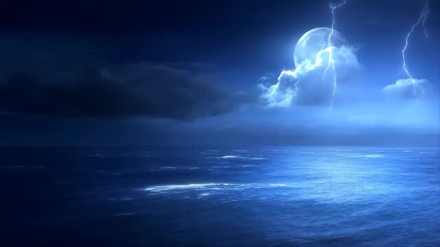 Stormy Ocean Horizon Illuminated by Distant Lightning and a Glowing Cloud Featuring Storm, Dark, Blue with Water and Waves Elements for Sky, Nature