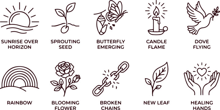 Sunrise over horizon, sprouting seed, butterfly emerging, candle flame, dove flying, rainbow, blooming flower, broken chains, new leaf, healing hands icons.