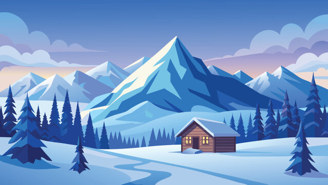 Winter landscape with cozy cabin nestled amongst snow-covered pine trees and majestic mountains